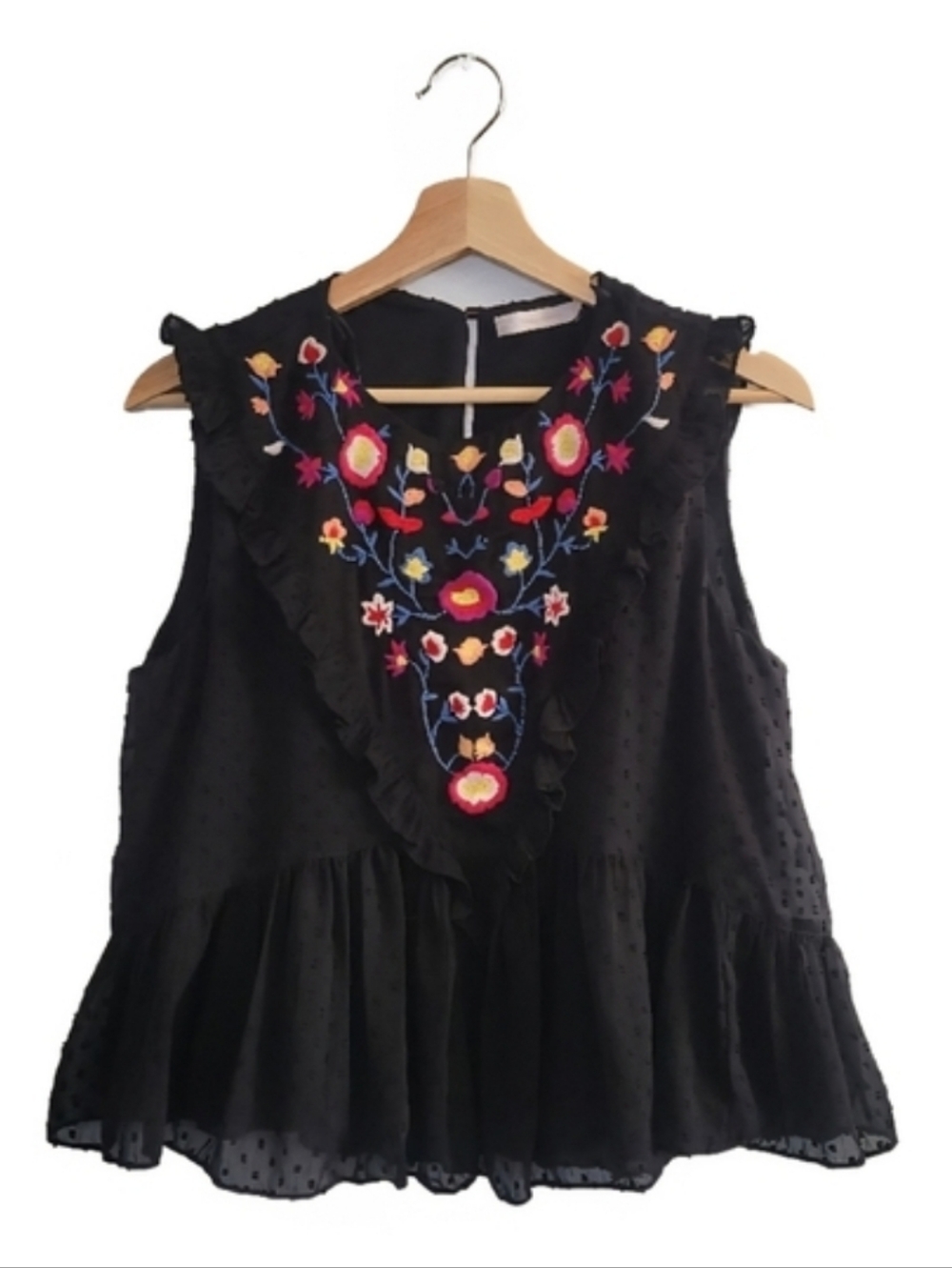 🎈Sale🎈ZARA Embroidered Boho Floral Ruffle Peplum Top Embroidered Size S